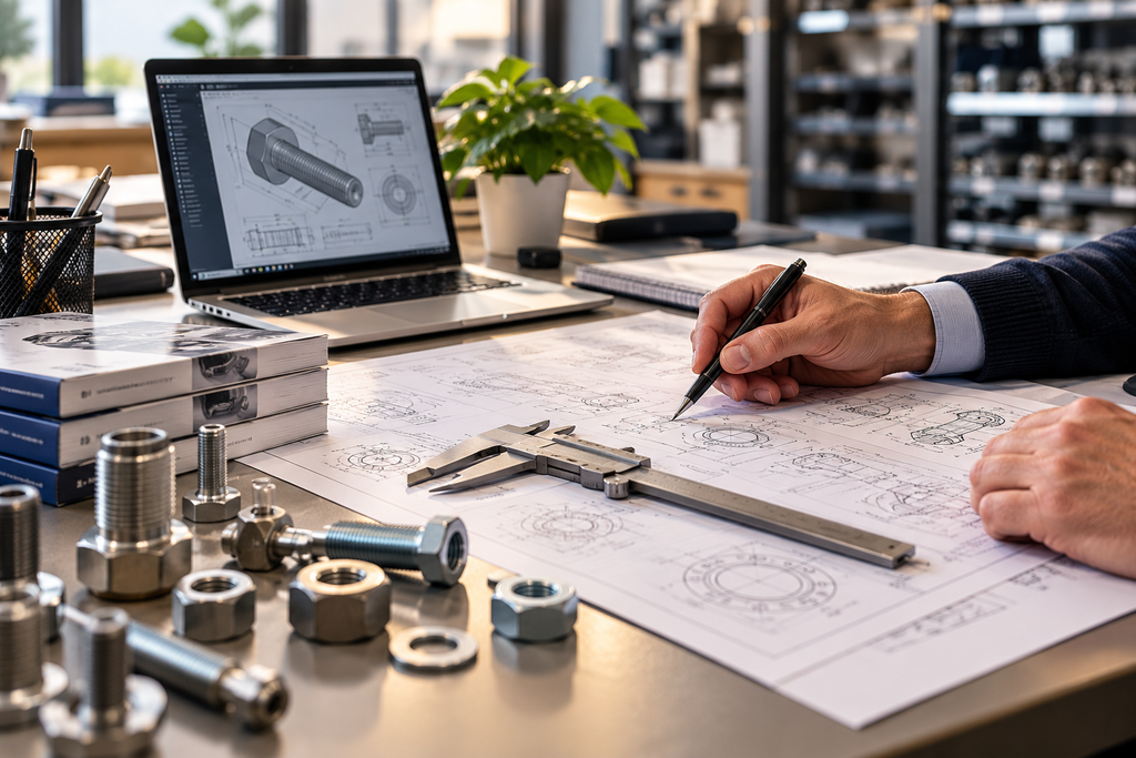 Postazione di lavoro tecnico con computer, disegni meccanici, calibro e componenti metallici per fissaggi.